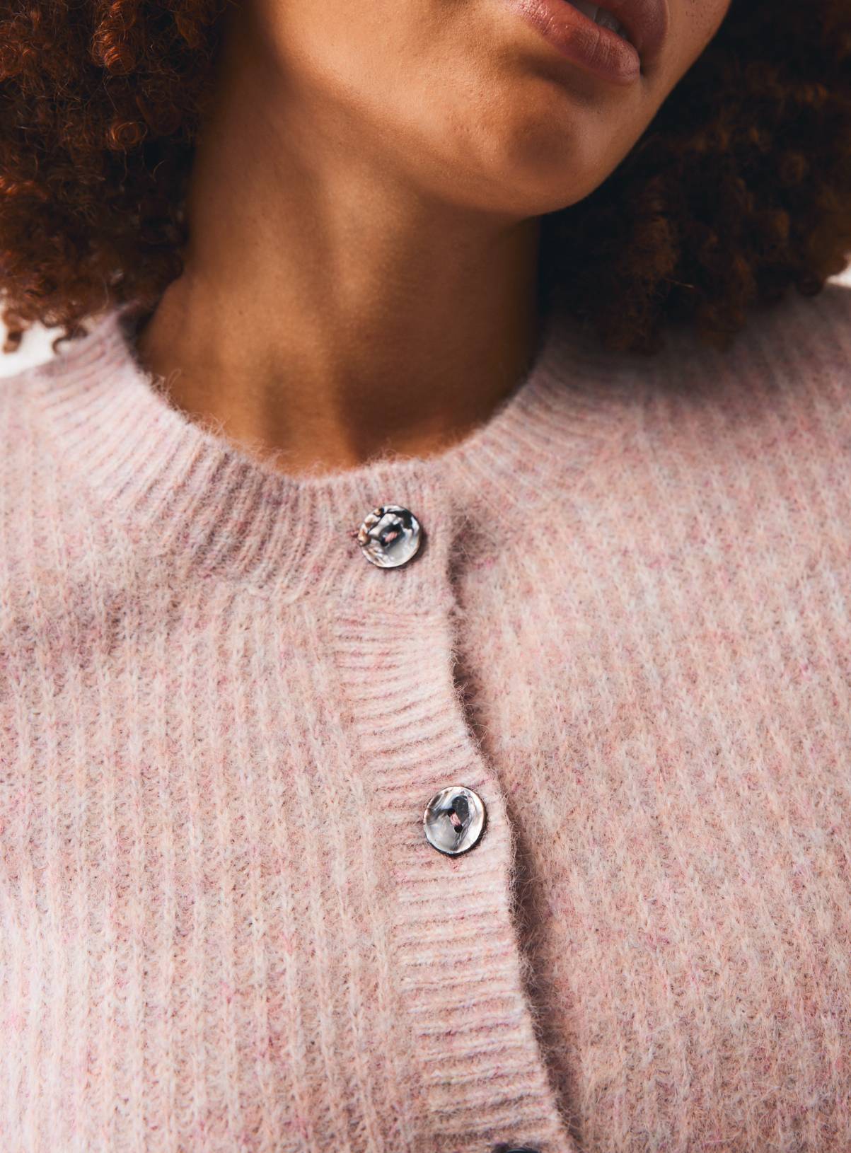 Pale Pink Alpaca Blend Ribbed Button Boxy Cardigan S - Image 3